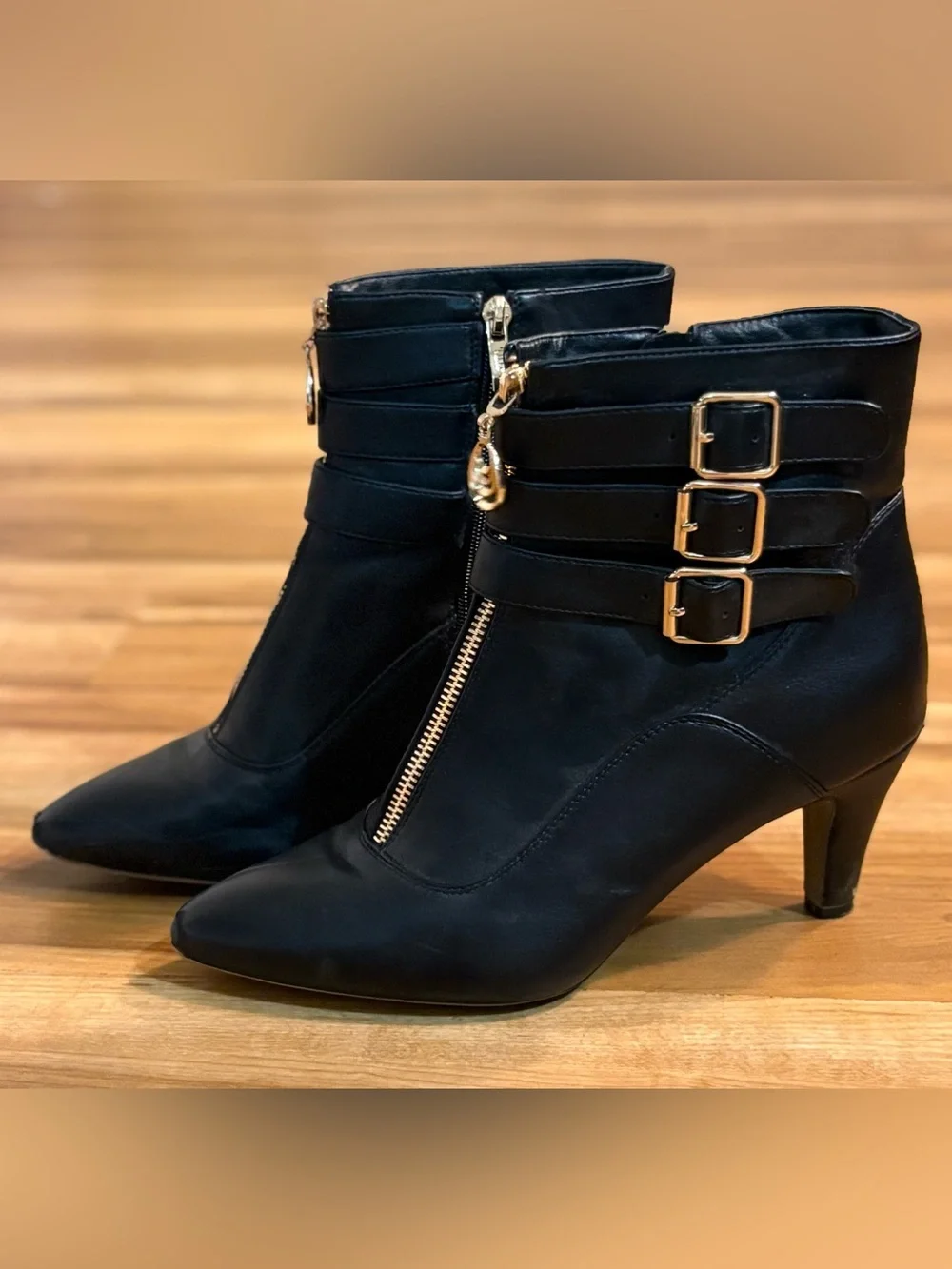 Black Buckle Strap Ankle Booties with Gold Hardware, Size 9